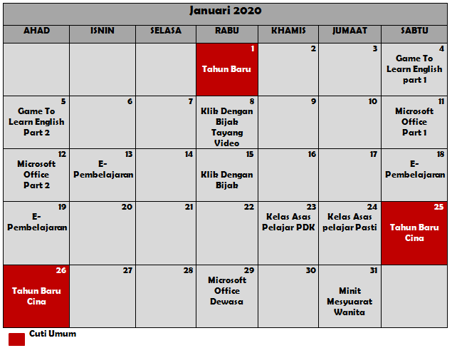 Jadual Aktiviti Januari 2020