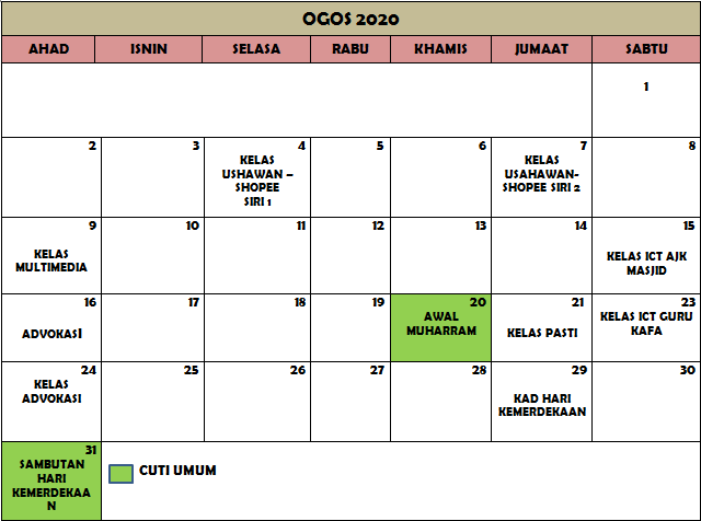 Jadual Aktiviti Ogos 20