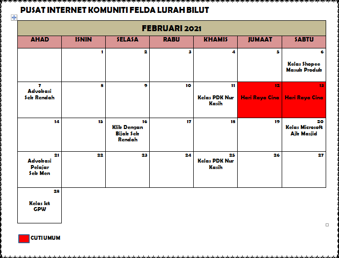 Jadual Aktiviti Feb 21