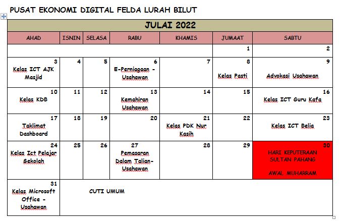 JADUAL AKITIVITI JULAI 22