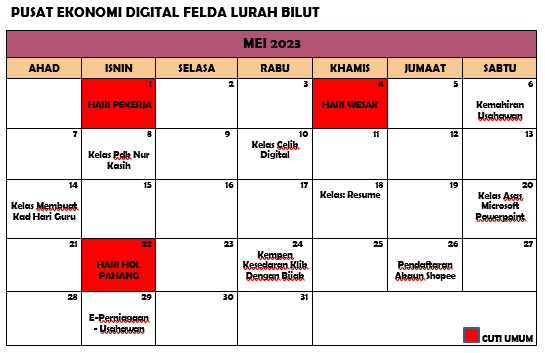 jadual aktiviti mei 2023