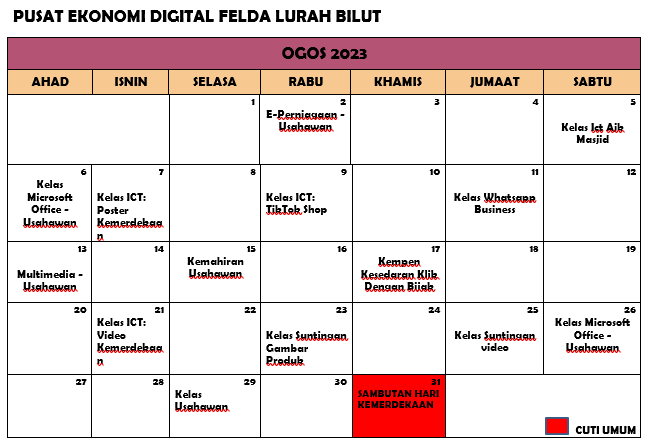 jadual aktiviti ogos 23